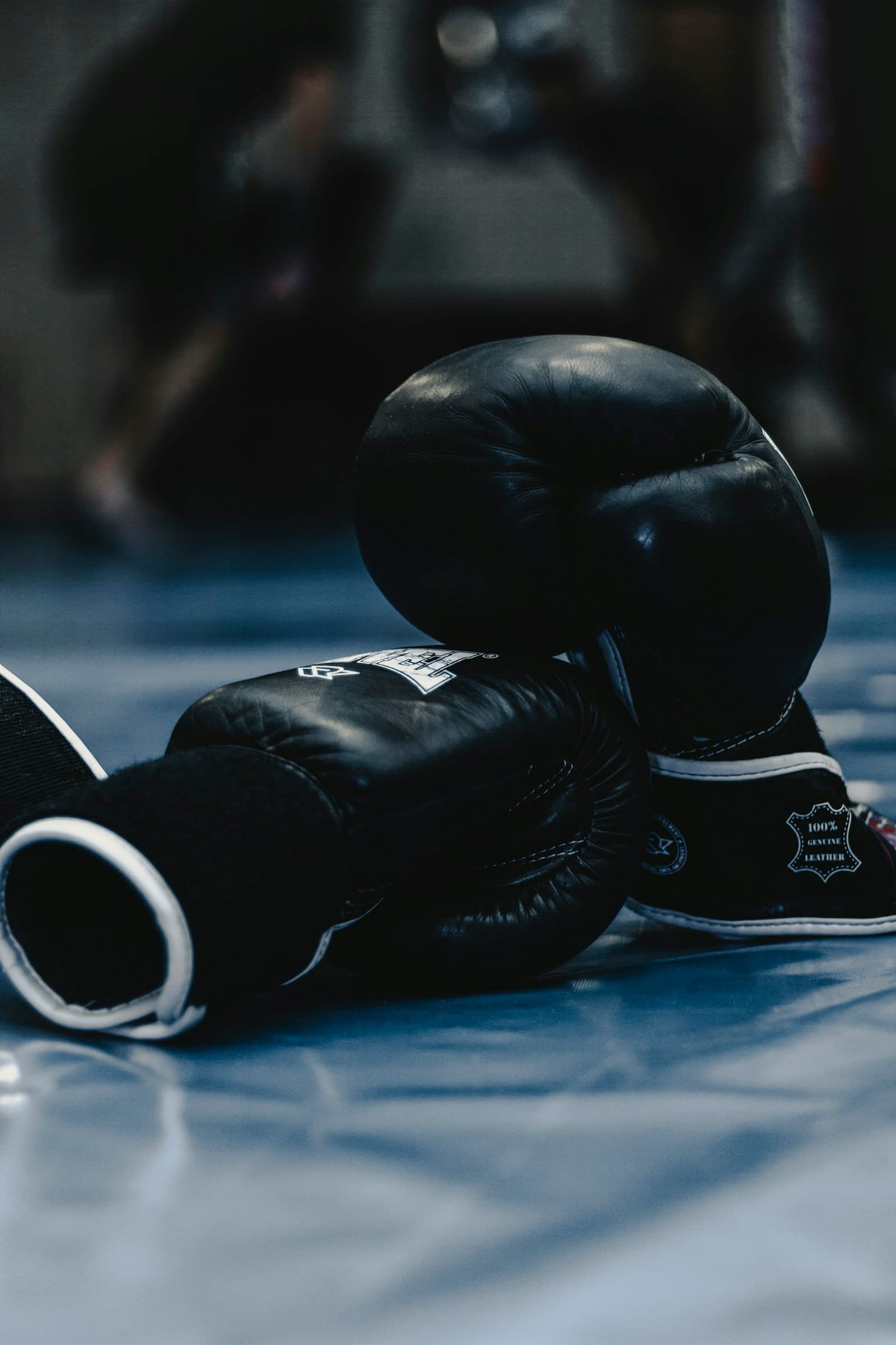 Boxing gloves on the ring floor under dark gym lights
